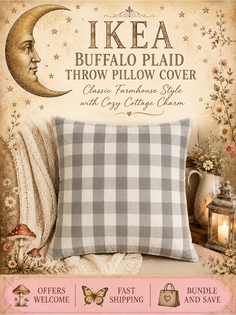 IKEA Buffalo Plaid Pillow Cover Gray White Farmhouse 20x20 - Picture 1 of 6